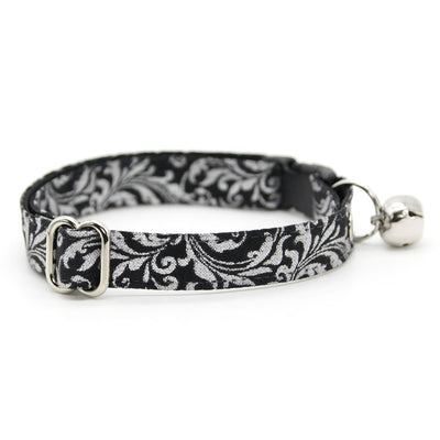 Cat Collar + Flower Set - "Royal Sterling" - Silver & Black Regal Cat Collar + Specialty Elegance White Felt Flower (Detachable)