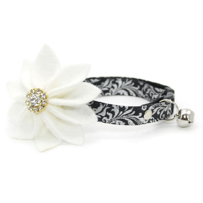 Cat Collar + Flower Set - "Royal Sterling" - Silver & Black Regal Cat Collar + Specialty Elegance White Felt Flower (Detachable)