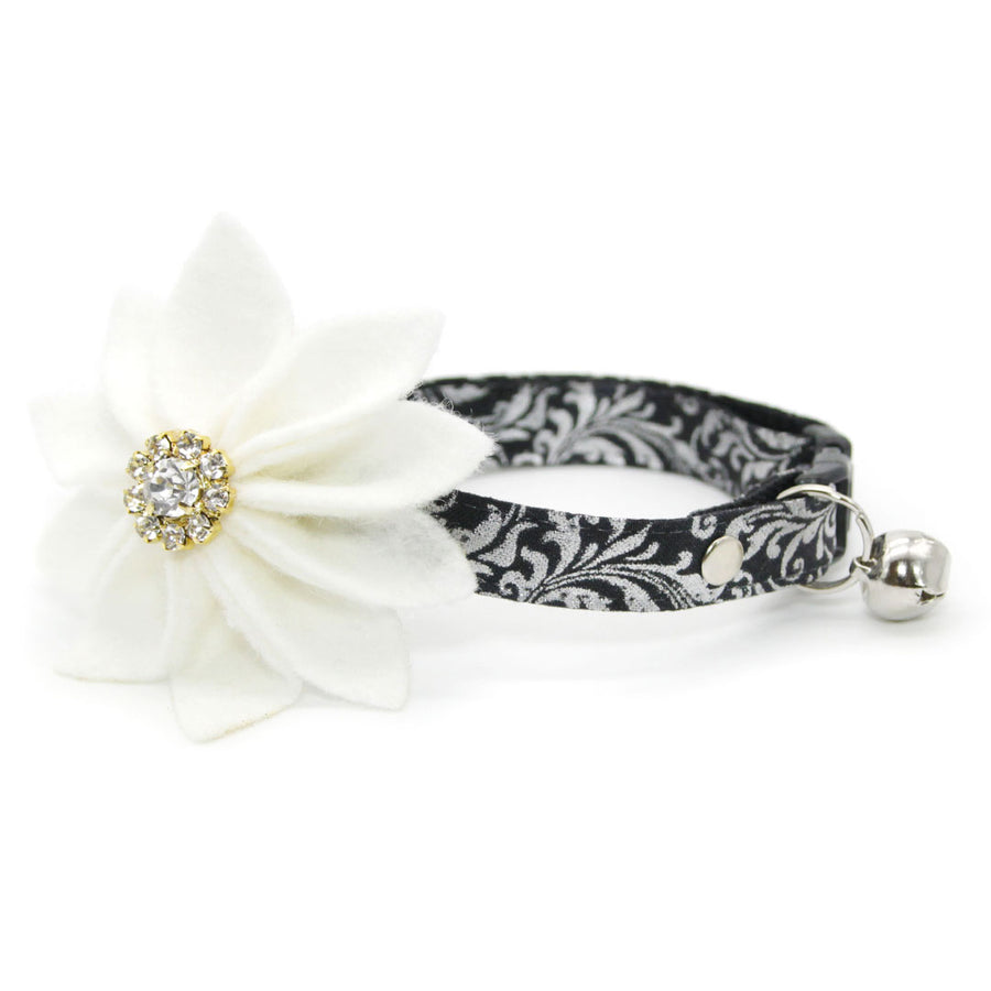 Cat Collar + Flower Set - "Royal Sterling" - Silver & Black Regal Cat Collar + Specialty Elegance White Felt Flower (Detachable)