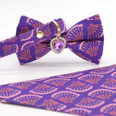 Cat Collar + Bunny Ear Bow Set - "Sea Siren" - Purple Seashell Cat Collar w/ Matching Bunny Bow Tie / Tie-On Scarf / Cat, Kitten + Small Dog Sizes