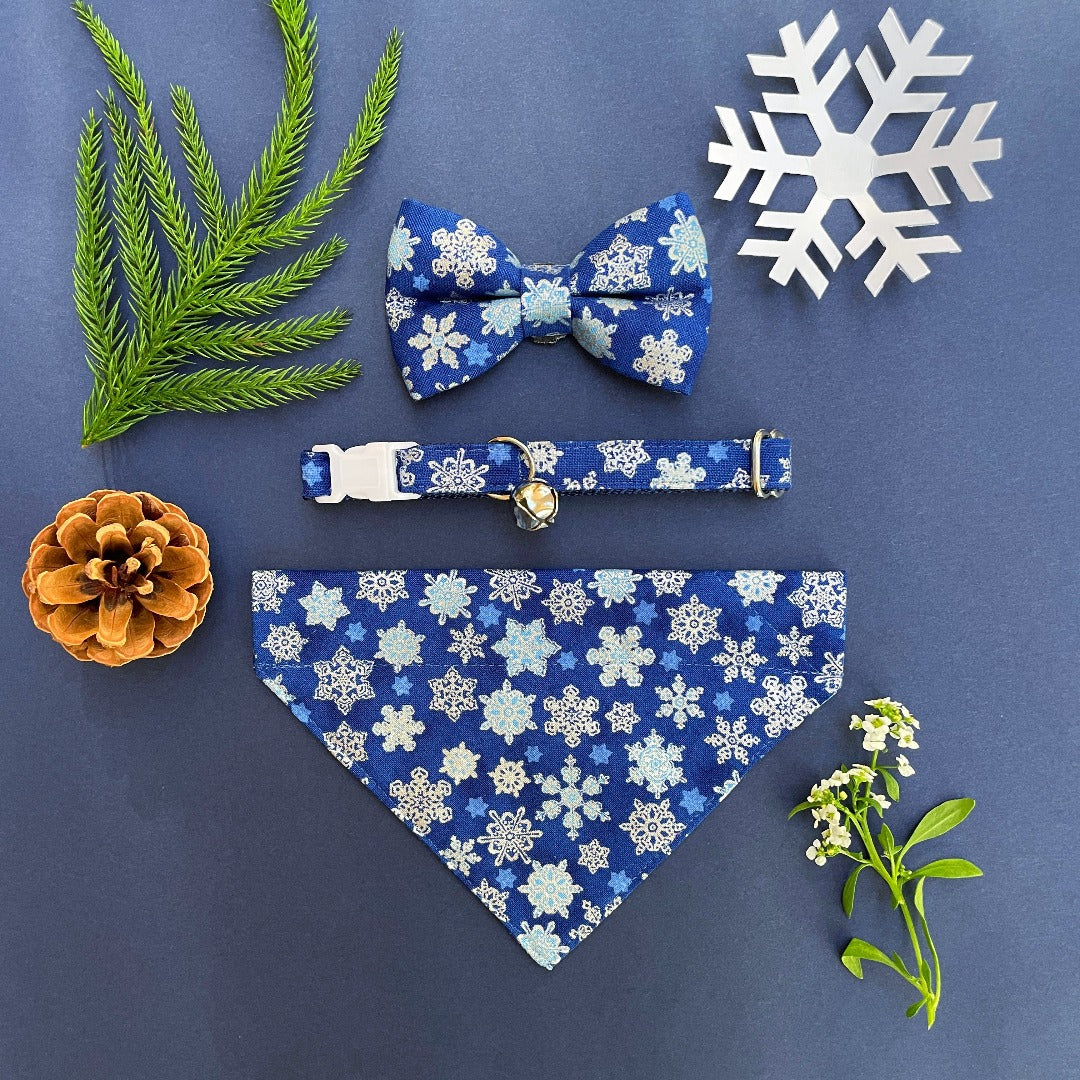 Pet Bow Tie - "Shimmering Snowflakes - Blue" - Metallic Silver & Blue Cat Bow Tie / Holiday, Winter Solstice / For Cats + Small Dogs (One Size)