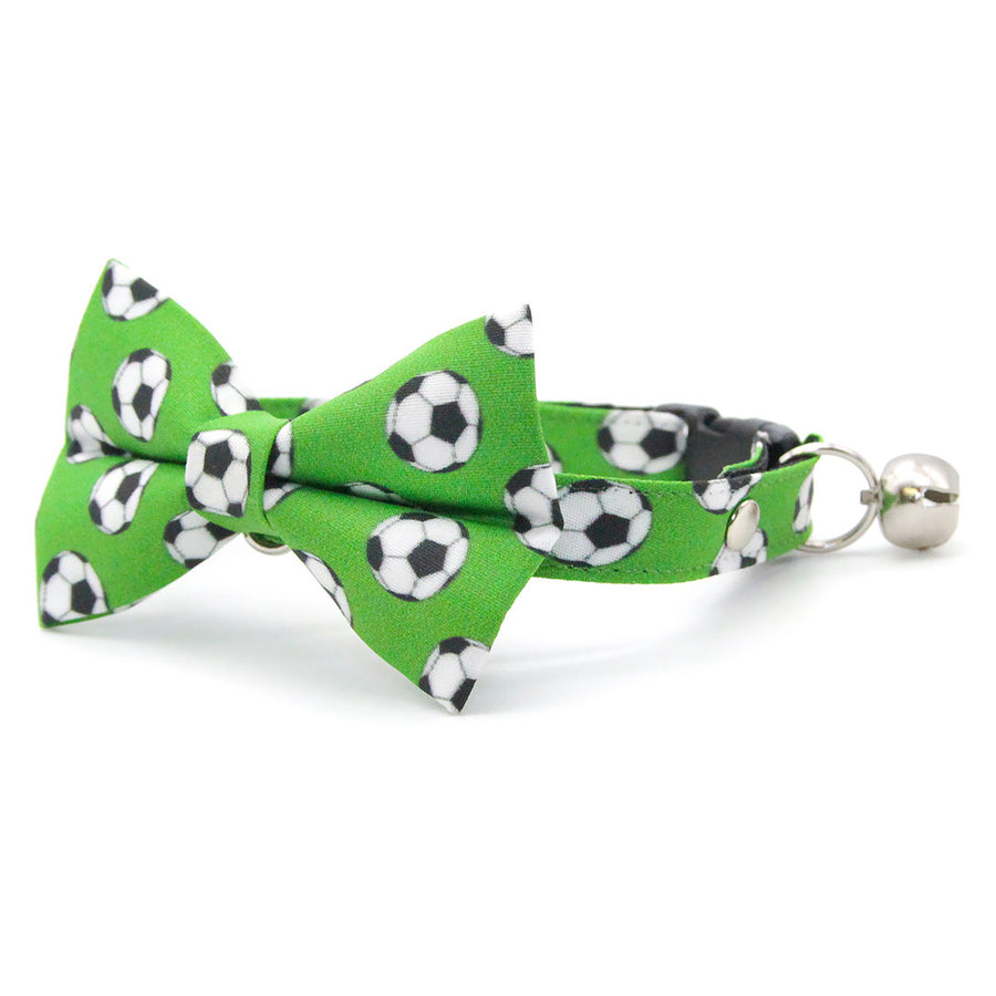 Soccer Bow Tie Cat Collar Set - "Soccer" - Green Sports Cat Collar with Bow Tie / World Cup, FIFA, Euro Football / Cat, Kitten, Small Dog Sizes