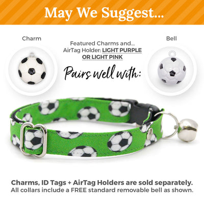 Cat Collar & Bunny Ear Bow Set - "Soccer" - Sports Green Euro Football Cat Collar w/ Matching Bunny Bow Tie / World Cup, FIFA / Cat, Kitten + Small Dog Sizes
