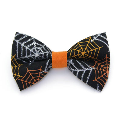 Halloween Pet Bow Tie - "Spiderwebs" - Silver, Orange & Gold Spider Webs on Black Bowtie / For Cats + Small Dogs / Removable (One Size)