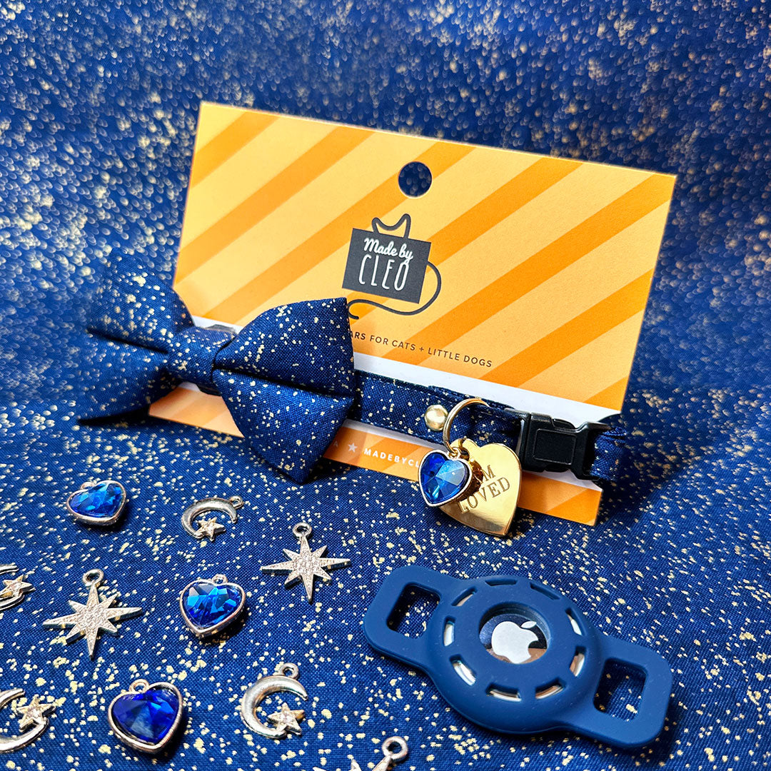 Cat Collar + Flower Set - "Starry Night" - Gold & Blue Cat Collar w/ Sky Blue Felt Flower (Detachable) / Cat, Kitten + Small Dog Sizes
