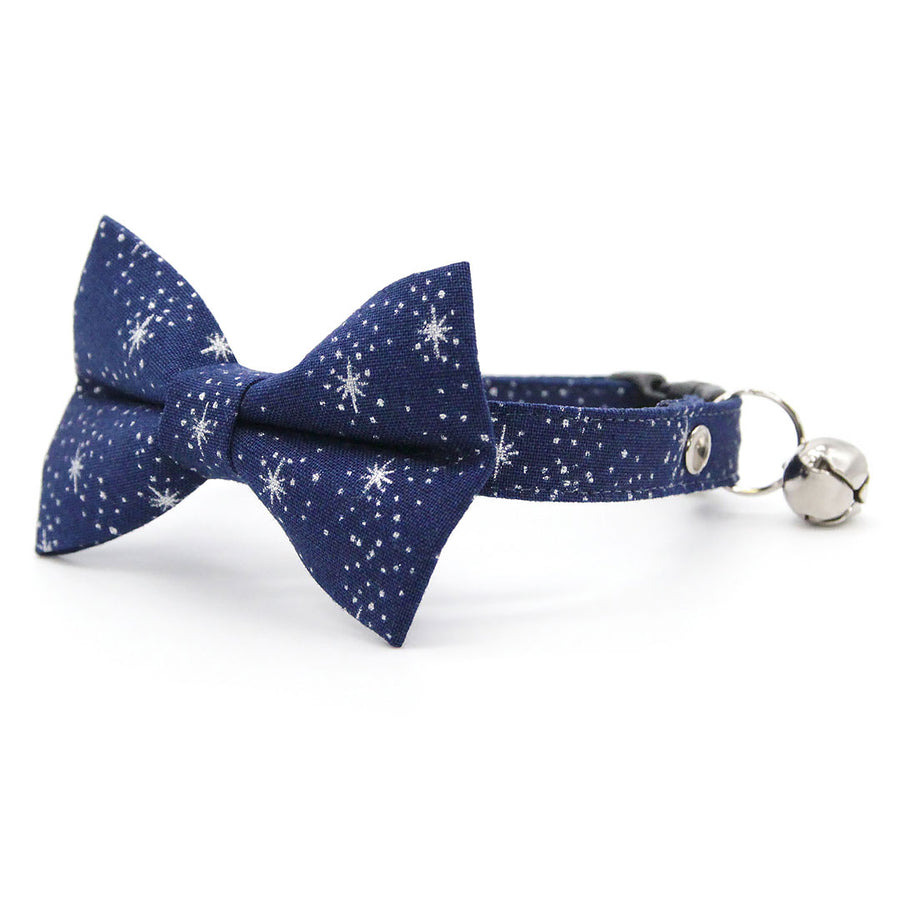Bow Tie Cat Collar Set - "Starry Night" - Blue & Silver Stars Cat Collar with Bow Tie / Night Sky, Winter Solstice, Hanukkah, Space / Cat, Kitten, Small Dog Sizes