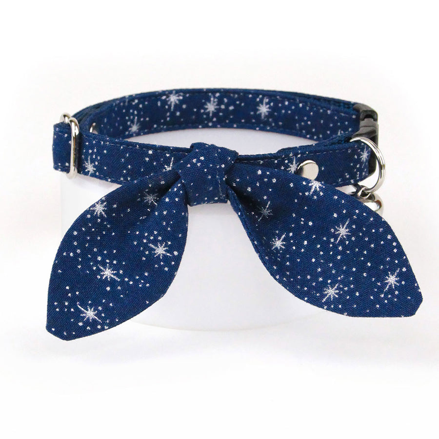 Cat Collar & Bunny Ear Bow Set - "Starry Night" - Blue & Silver Stars Night Sky Cat Collar w/ Matching Bunny Bow Tie / Wedding, Winter, Solstice, Space, Stars, Hanukkah /  Cat, Kitten + Small Dog Sizes