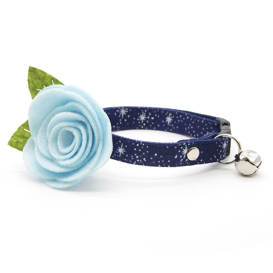 Cat Collar + Flower Set - "Starry Night" - Blue & Silver Cat Collar w/ Sky Blue Felt Flower (Detachable) / Cat, Kitten + Small Dog Sizes