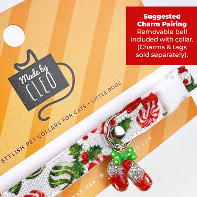 Cat Collar + Flower Set - "Sweets & Treats" - Christmas Candy Cat Collar + Specialty Christmas Red Poinsettia Felt Flower (Detachable)