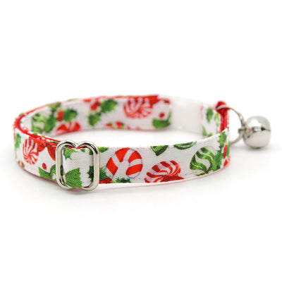 Cat Collar + Flower Set - "Sweets & Treats" - Christmas Candy Cat Collar + Specialty Christmas Red Poinsettia Felt Flower (Detachable)