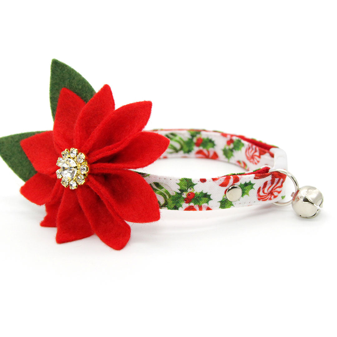Cat Collar + Flower Set - "Sweets & Treats" - Christmas Candy Cat Collar + Specialty Christmas Red Poinsettia Felt Flower (Detachable)