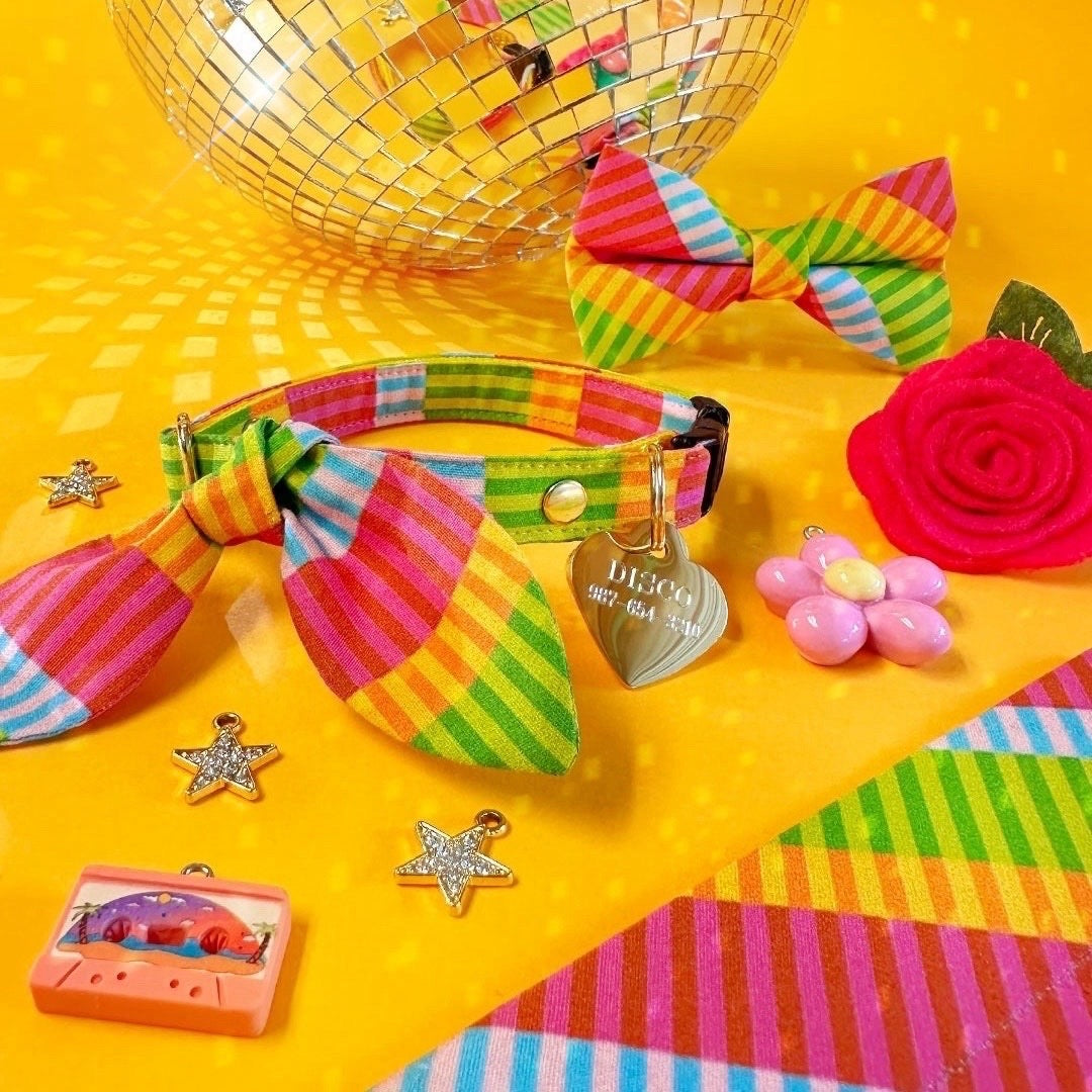 Cat Collar + Bunny Ear Bow Set - "Technicolor Dream" - Modern Rainbow Stripe Cat Collar w/ Matching Bunny Bow Tie / Tie-On Scarf / Cat, Kitten + Small Dog Sizes