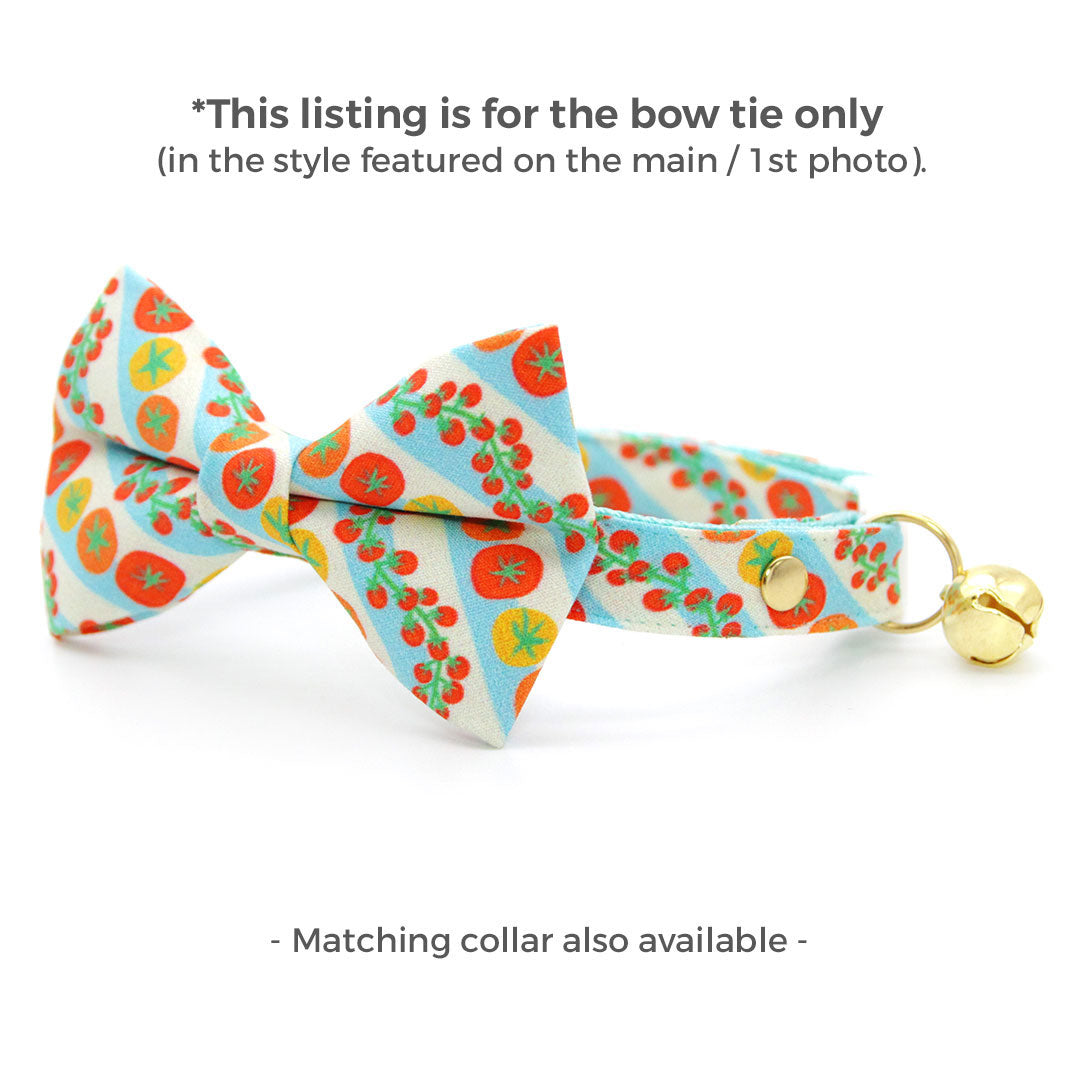 Tomato Cat Bow Tie - "Tomato Trellis" - Groovy Striped Garden Tomatoes Bow Tie for Cat Collar / Summer Fruits & Veggies, Retro 70s / Cat, Kitten + Small Dog Bowtie