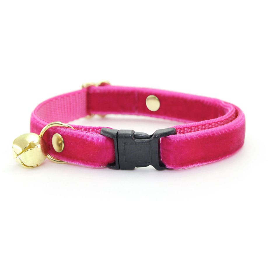 Cat Collar + Flower Set - "Velvet - Azalea" - Magenta Pink Velvet Cat Collar w/ Fuchsia Pink Felt Flower (Detachable)