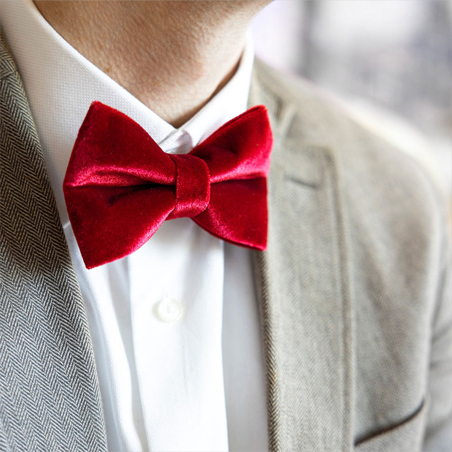 Men's Red Velvet Bow Tie - "Velvet - Garnet Red" - Christmas, Wedding & Special Occasions | Easy Clip-On Style (ADULT SIZE)