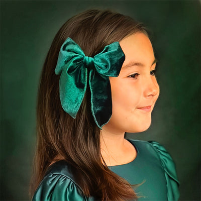Girl's Hairbow - "Velvet - Hunter Green" - Holiday, Christmas, Wedding & Special Occasions | Clip-On Bow (GIRL'S / WOMEN'S)