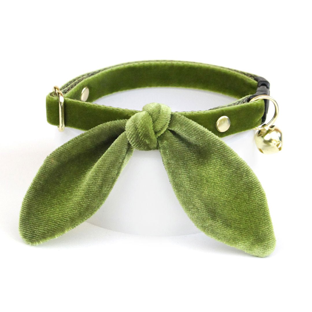 Cat Collar - "Velvet - Leaf Green" - Vibrant Olive Green Velvet - Breakaway Buckle or Non-Breakaway / Cat, Kitten + Small Dog Sizes