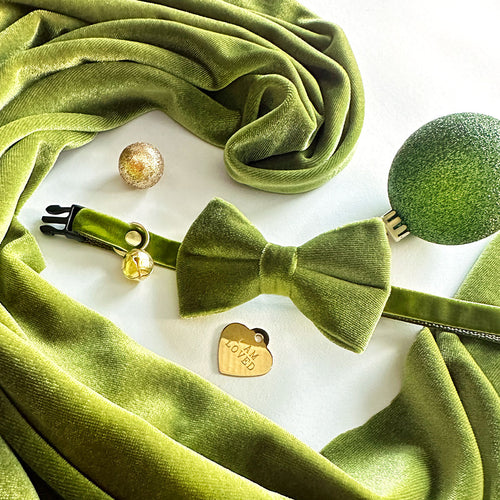 Bow Tie Cat Collar Set - "Velvet - Leaf Green" - Olive Velvet Cat Collar w/ Coordinating Bowtie (Removable) / Wedding