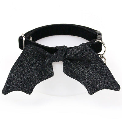 Cat Collar & Bunny Ear Bow Set - "Onyx Black Shimmer" - Black Velvet Cat Collar + Shimmery Black Bat Wing Bunny Bow Tie / Halloween / Tie-On Scarf / Cat, Kitten + Small Dog Sizes