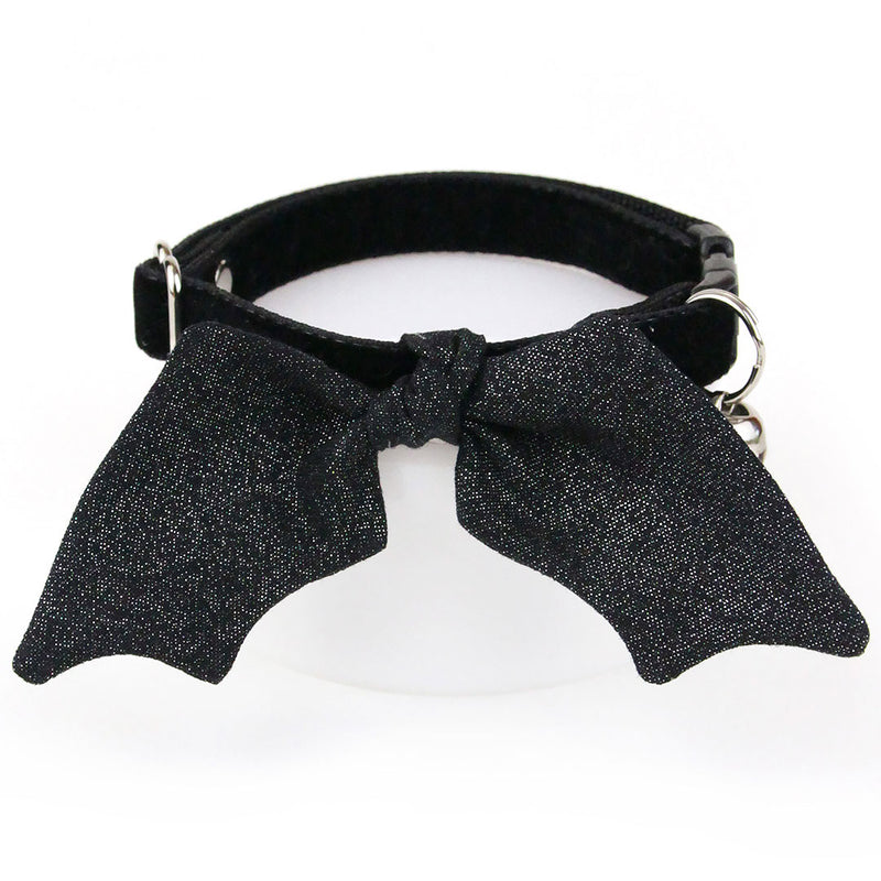 Cat Collar & Bunny Ear Bow Set - "Onyx Black Shimmer" - Black Velvet Cat Collar + Shimmery Black Bat Wing Bunny Bow Tie / Halloween / Tie-On Scarf / Cat, Kitten + Small Dog Sizes