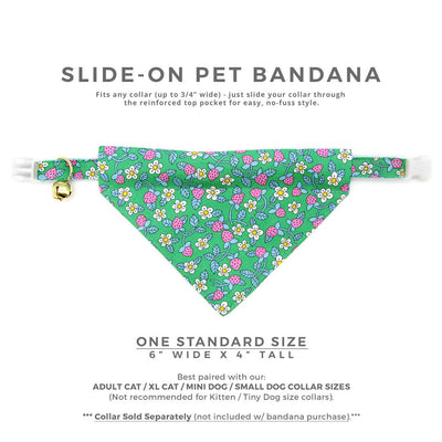 Pet Bandana - "Wild Strawberry - Mint" - Liberty of London® Berry Floral Bandana for Cat + Small Dog / Spring + Summer / Slide-on Bandana / Over-the-Collar (One Size)