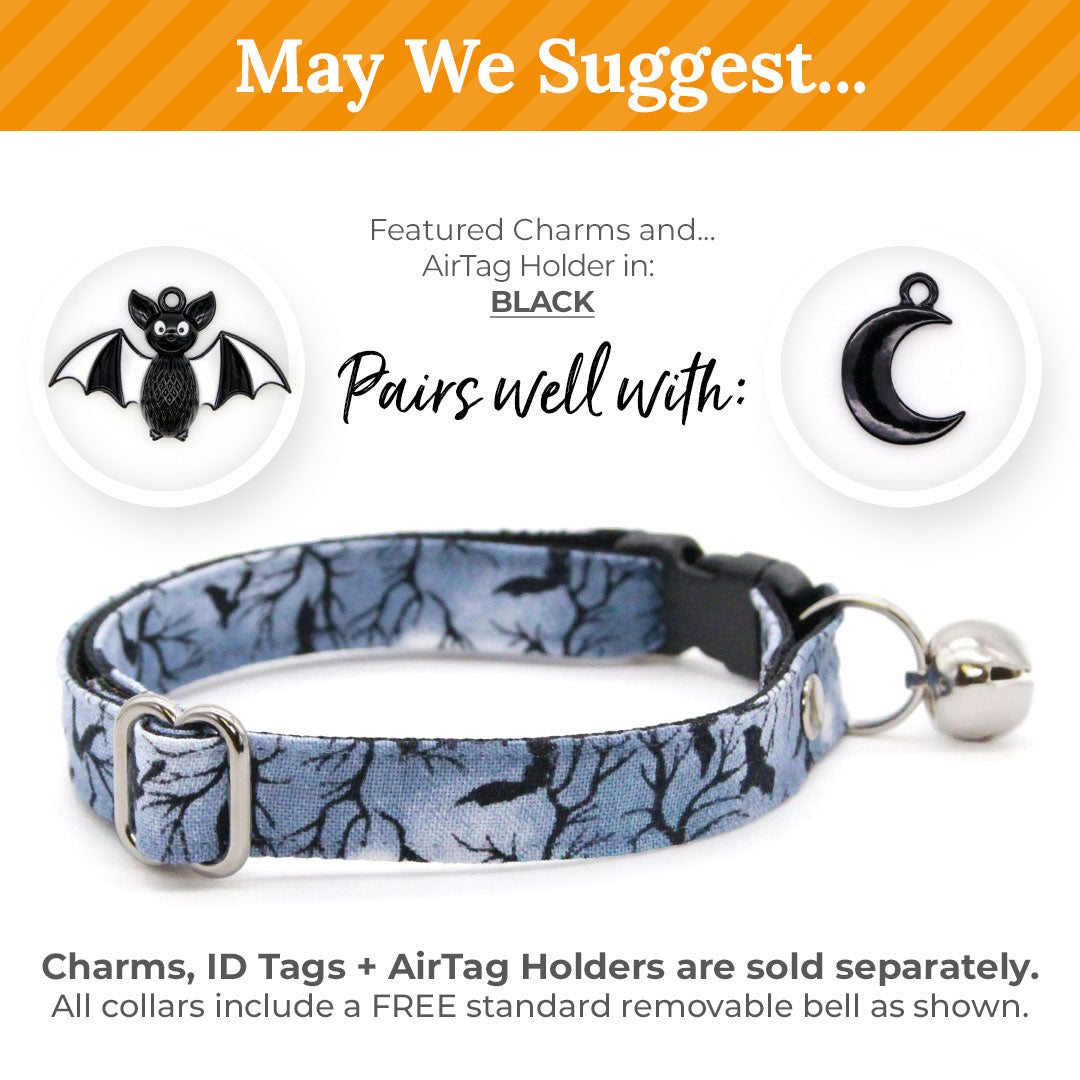 Cat Collar & Bunny Ear Bow Set - "Witching Hour" - Bat Wing Spooky Night Bat Cat Collar w/ Matching Bunny Bow Tie / Halloween / Tie-On Scarf / Cat, Kitten + Small Dog Sizes