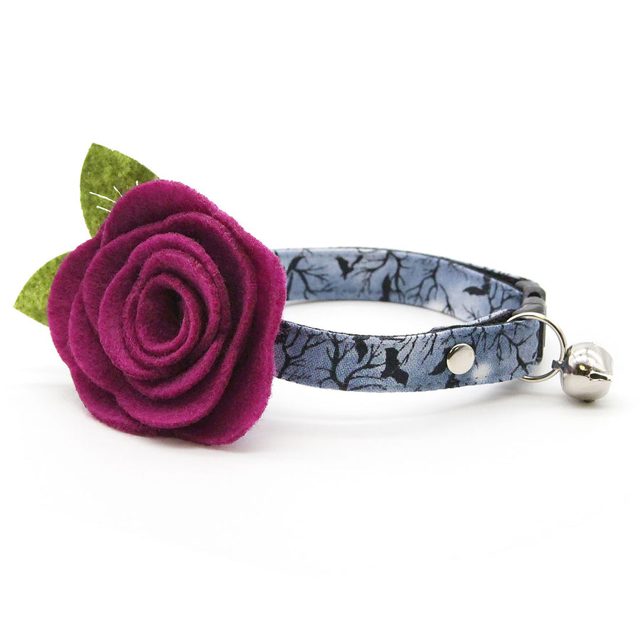 Halloween Cat Collar + Flower Set - "Witching Hour" - Midnight Gray Bat Cat Collar w/ Plum Felt Flower (Detachable)