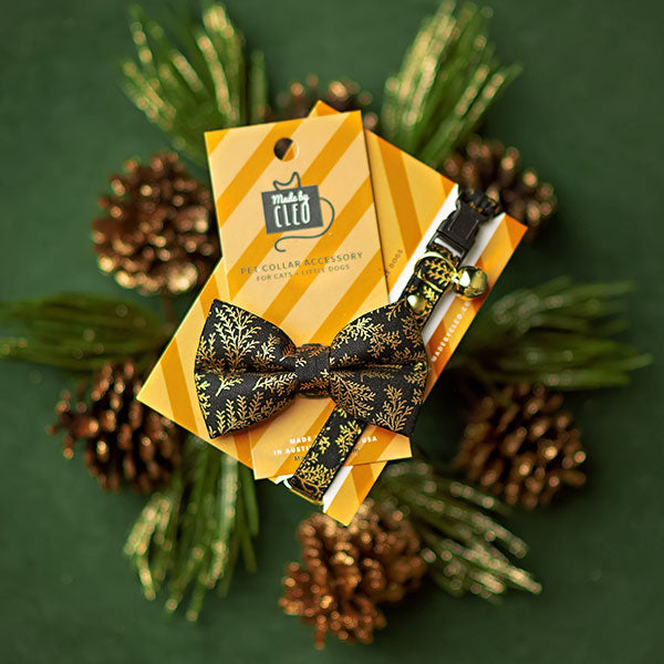 Bow Tie Cat Collar Set - "Black Forest" - Gold & Black Cat Collar w/ Matching Bowtie / Christmas, Winter, Wedding / Cat, Kitten, Small Dog Sizes