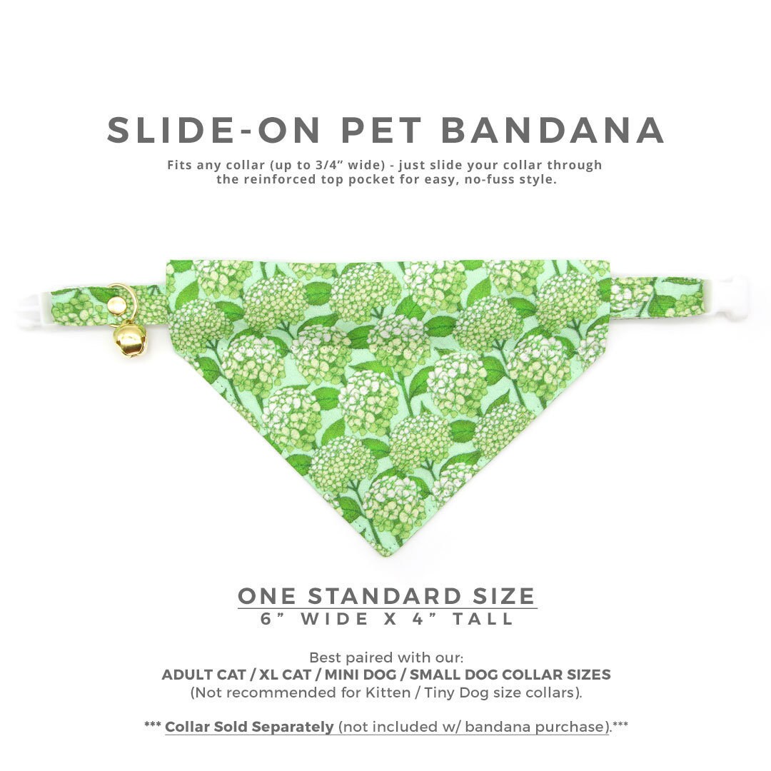 Pet Bandana - "Hydrangea Hill" - Botanical Green Bandana for Cat + Small Dog / Spring + Summer Floral / Slide-on Bandana / Over-the-Collar (One Size)