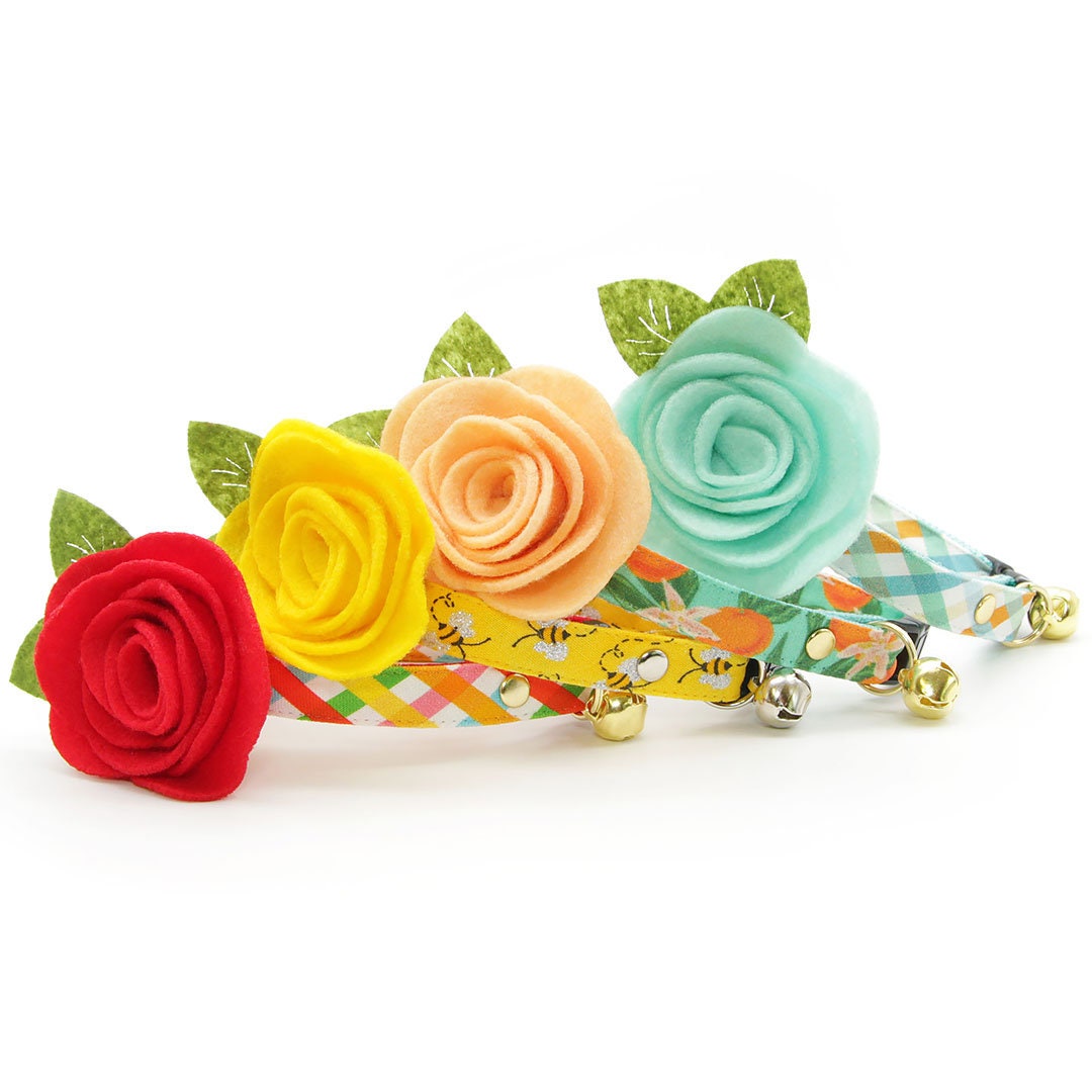 Cat Collar - "Clementine Blossom" - Green & Orange Citrus Cat Collar / Breakaway Buckle or Non-Breakaway / Cat, Kitten + Small Dog Sizes