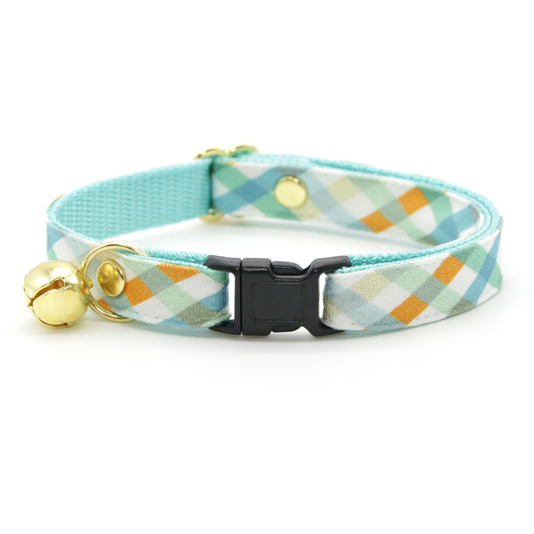 Bow Tie Cat Collar Set - "Seashore" - Ocean Blue & Mint Plaid Cat Collar w/ Matching Bowtie / Spring + Summer / Cat, Kitten, Small Dog Sizes
