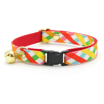 Cat Collar + Flower Set - "Maypole" - Rainbow Plaid Cat Collar w/ Scarlet Red Felt Flower (Detachable)