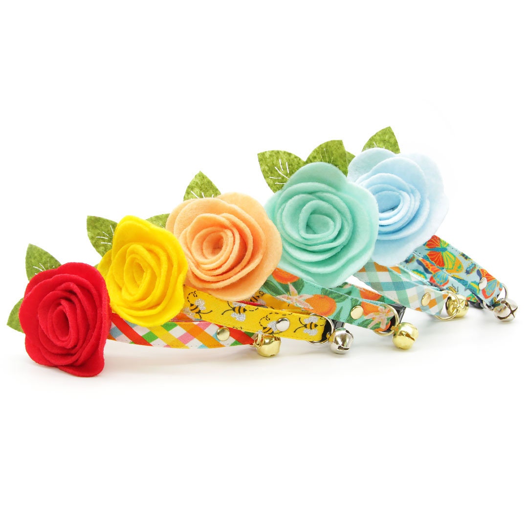 Cat Collar + Flower Set - "Seashore" - Ocean Blue Plaid Cat Collar w/ Mint Felt Flower (Detachable)
