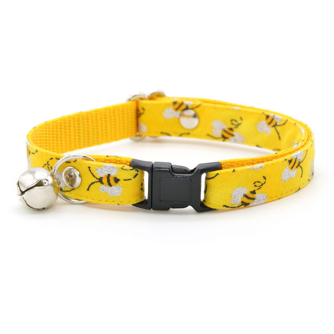 Cat Collar + Flower Set - "Show Me The Honey" - Yellow Bee Cat Collar w/ Yellow Felt Flower (Detachable)
