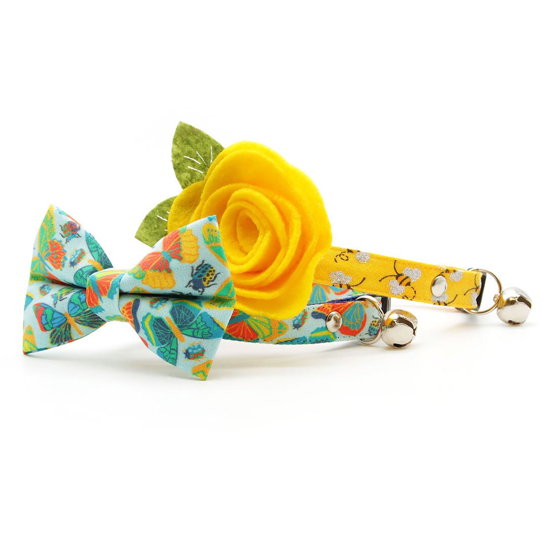 Cat Collar + Flower Set - "Show Me The Honey" - Yellow Bee Cat Collar w/ Yellow Felt Flower (Detachable)