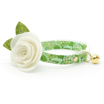 Cat Collar + Flower Set - "Hydrangea Hill" - Green Floral Cat Collar w/ Ivory Felt Flower (Detachable)