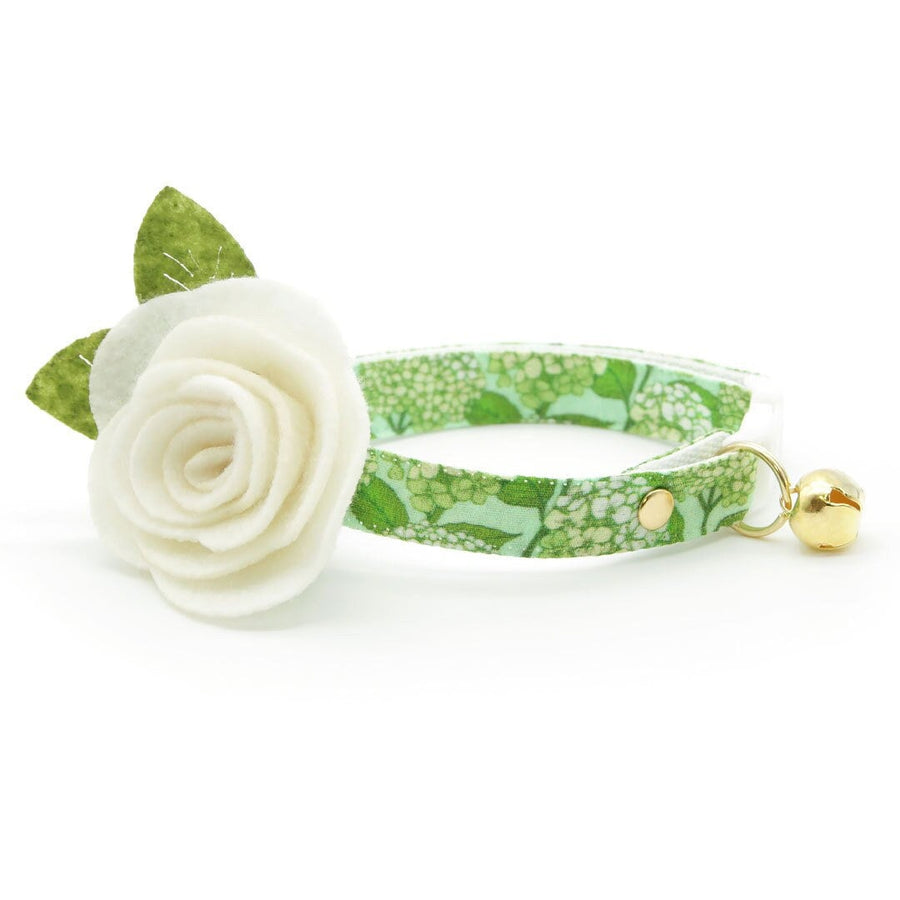 Cat Collar + Flower Set - "Hydrangea Hill" - Green Floral Cat Collar w/ Ivory Felt Flower (Detachable)