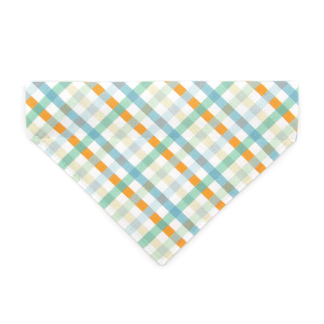 Pet Bandana - "Seashore" - Blue & Mint Plaid Bandana for Cat + Small Dog / Spring, Summer, Coastal, Ocean / Slide-on Bandana / Over-the-Collar (One Size)