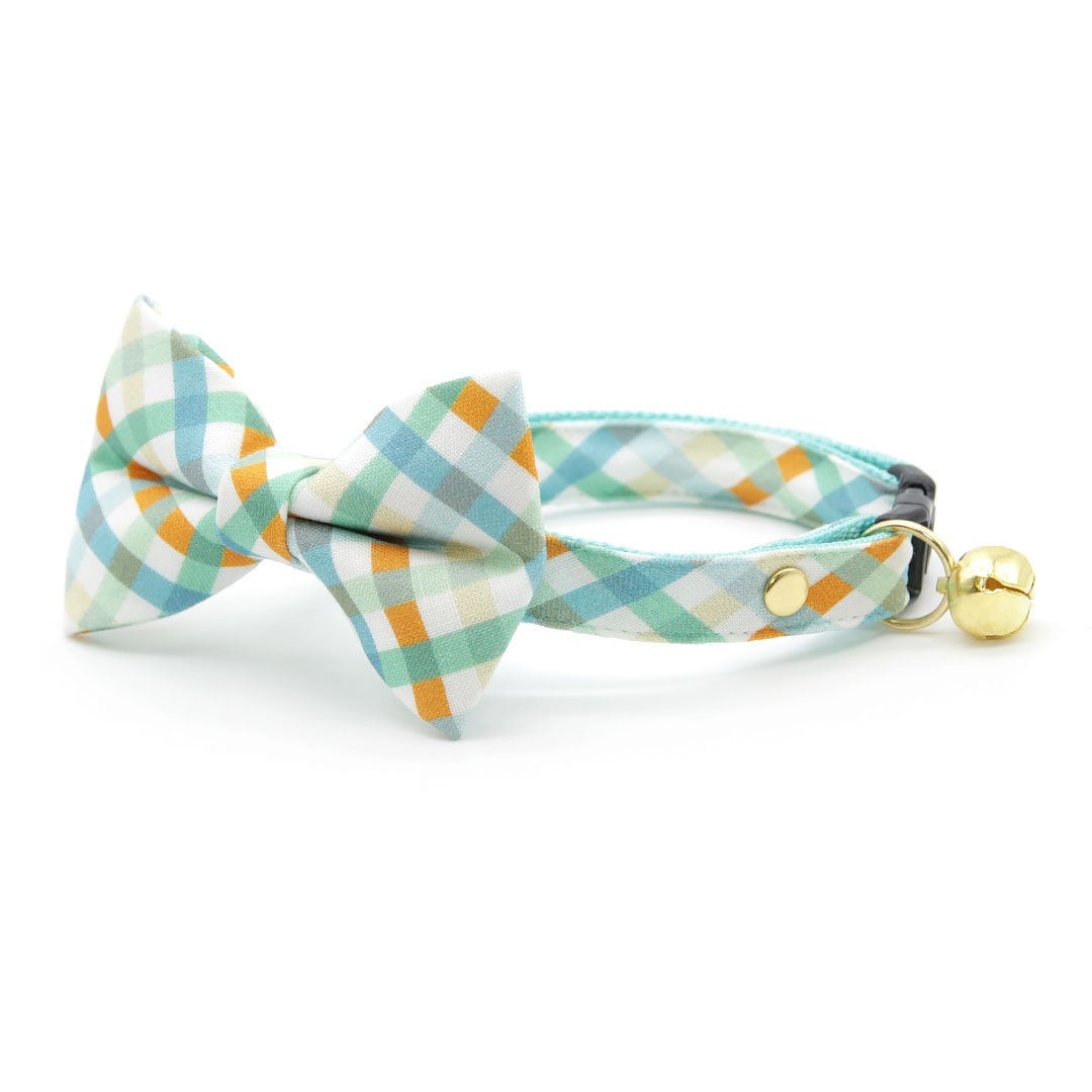 Bow Tie Cat Collar Set - "Seashore" - Ocean Blue & Mint Plaid Cat Collar w/ Matching Bowtie / Spring + Summer / Cat, Kitten, Small Dog Sizes