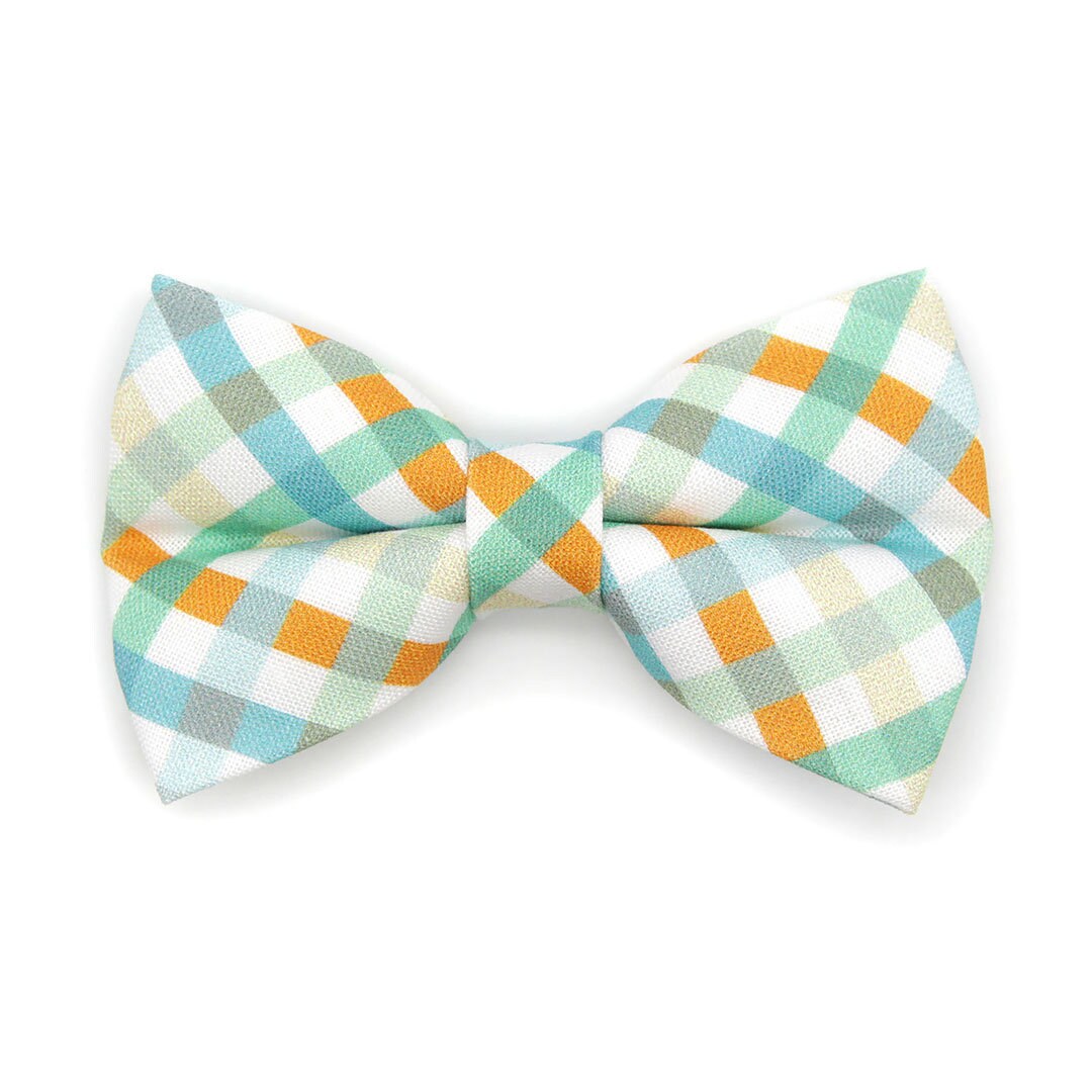 Bow Tie Cat Collar Set - "Seashore" - Ocean Blue & Mint Plaid Cat Collar w/ Matching Bowtie / Spring + Summer / Cat, Kitten, Small Dog Sizes