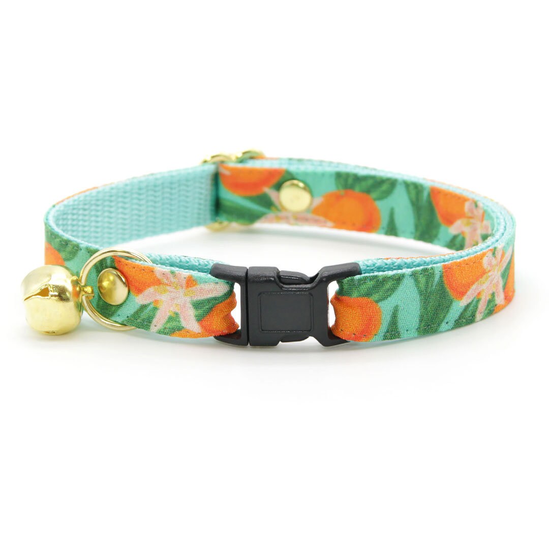 Bow Tie Cat Collar Set - "Clementine Blossom" - Mint Green & Orange Citrus Cat Collar w/ Matching Bowtie / Spring, Summer, Tangerine, Tropical / Cat, Kitten, Small Dog Sizes