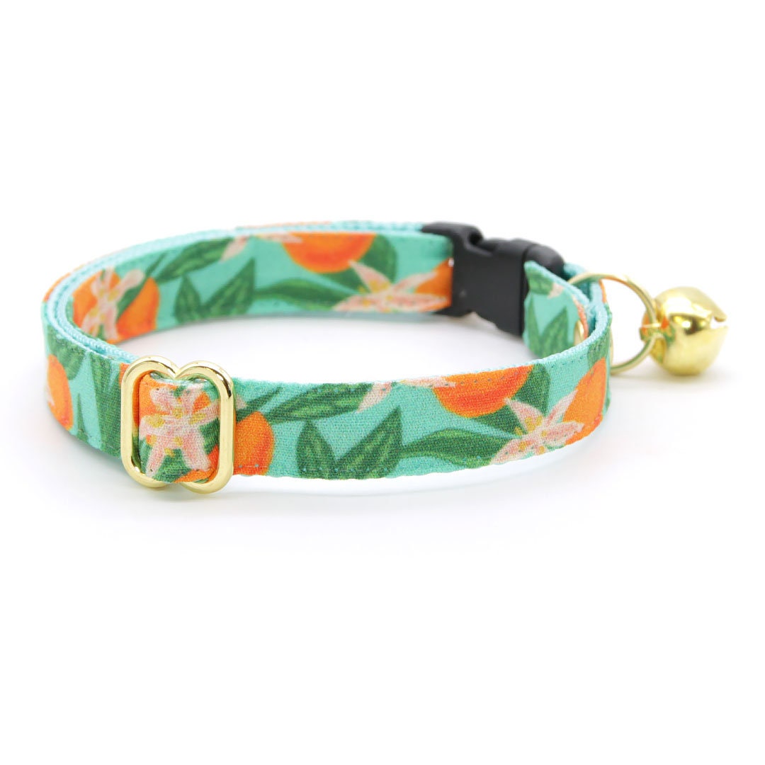 Cat Collar + Flower Set - "Clementine Blossom" - Green & Orange Citrus Cat Collar w/ Orange Felt Flower (Detachable)