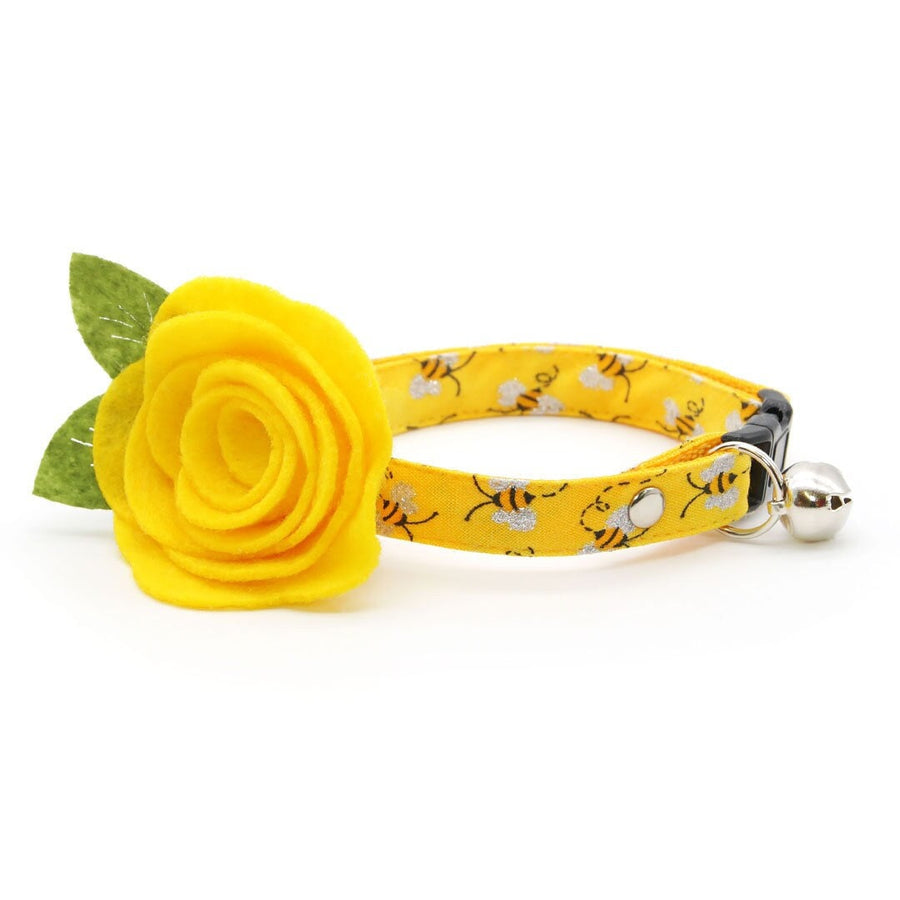 Cat Collar + Flower Set - "Show Me The Honey" - Yellow Bee Cat Collar w/ Yellow Felt Flower (Detachable)