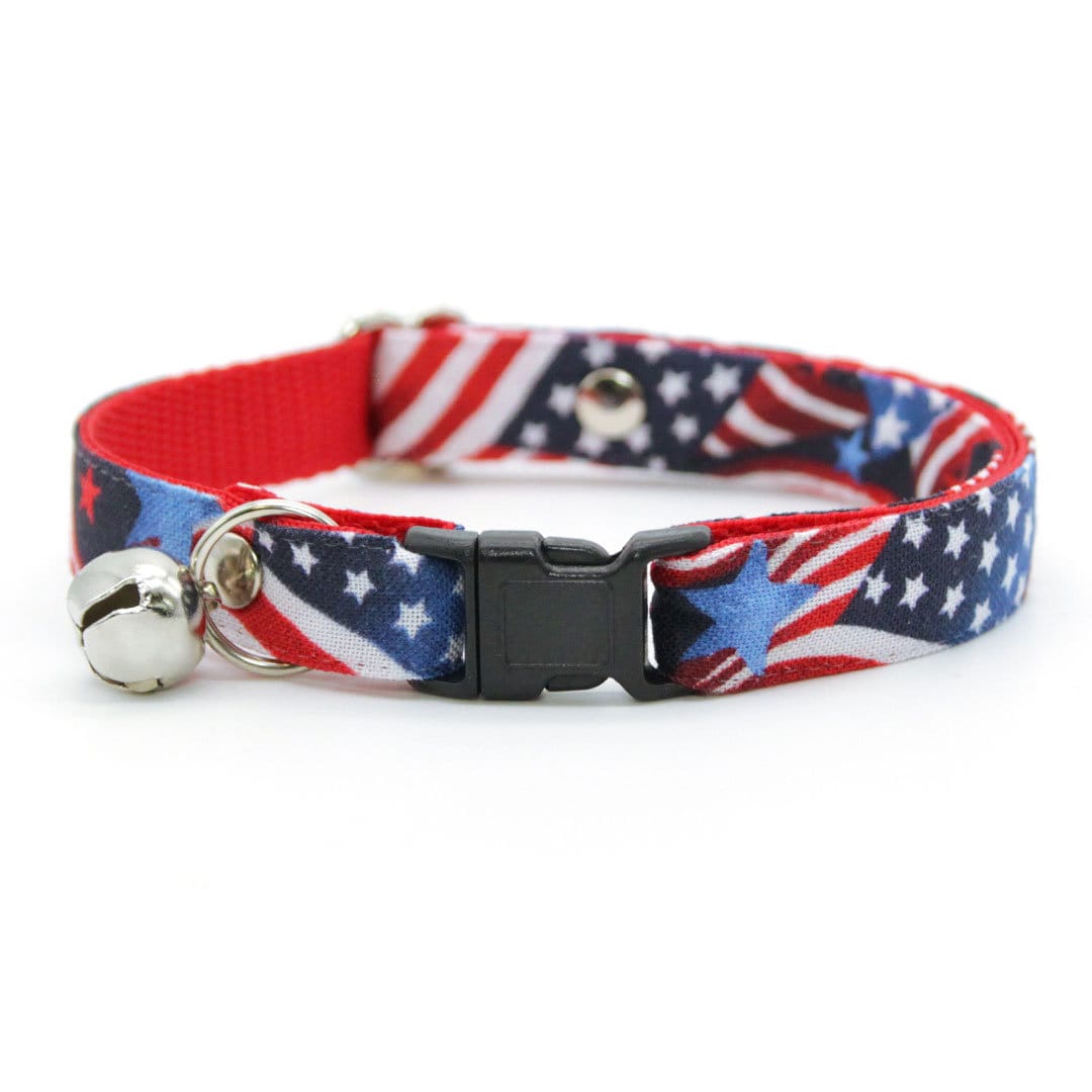 Bow Tie Cat Collar Set - "Stars & Stripes" - Patriotic USA American Flag Cat Collar w/ Matching Bowtie / Independence Day, 4th of July, Red White & Blue / Cat, Kitten, Small Dog Sizes
