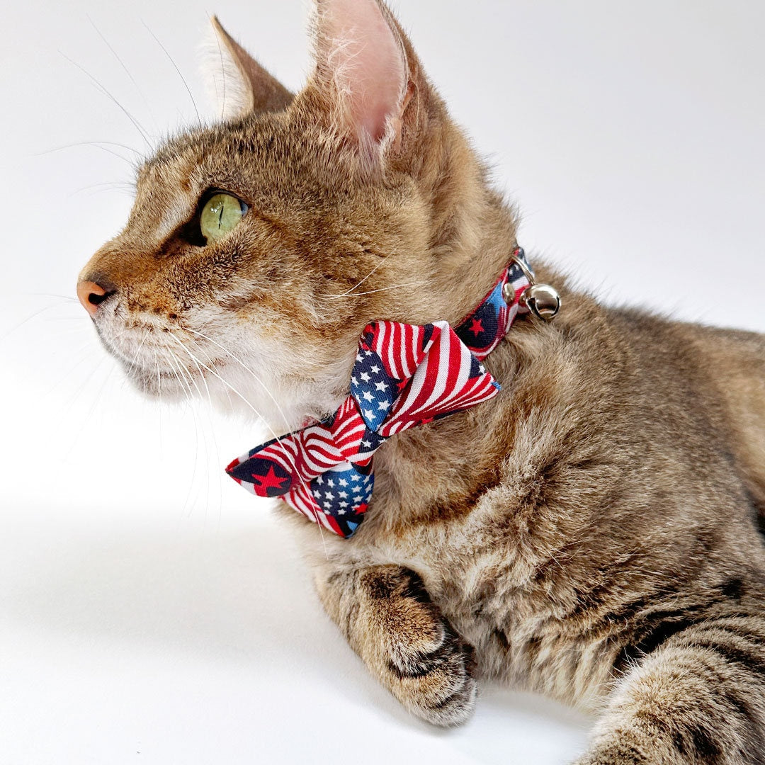 Bow Tie Cat Collar Set - "Stars & Stripes" - Patriotic USA American Flag Cat Collar w/ Matching Bowtie / Independence Day, 4th of July, Red White & Blue / Cat, Kitten, Small Dog Sizes