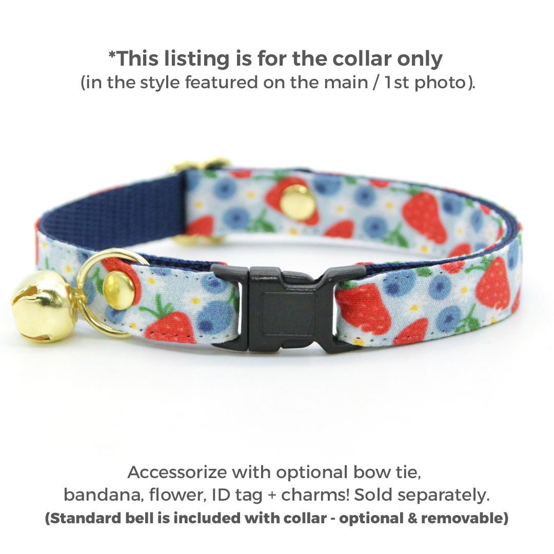 Cat Collar - "Berry Bramble" - Blueberry Cat Collar, Strawberry Blueberries Summer Fruit, Red Blue Patriotic Cat Collar / Breakaway Buckle or Non-Breakaway / Cat, Kitten + Small Dog Sizes