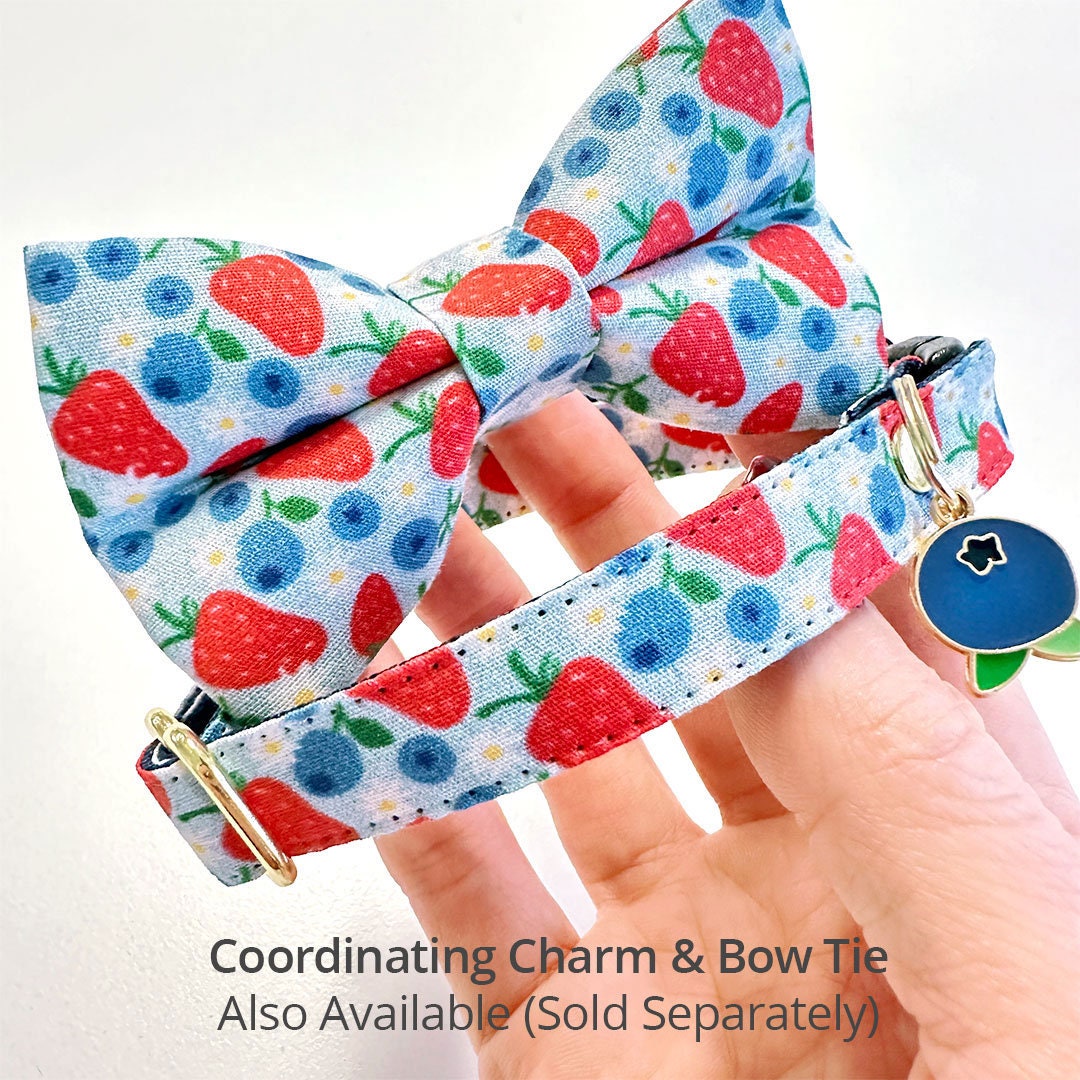 Fruit Cat Collar + Flower Set - "Berry Bramble" - Blueberry & Strawberry Cat Collar w/ Scarlet Red Felt Flower (Detachable)