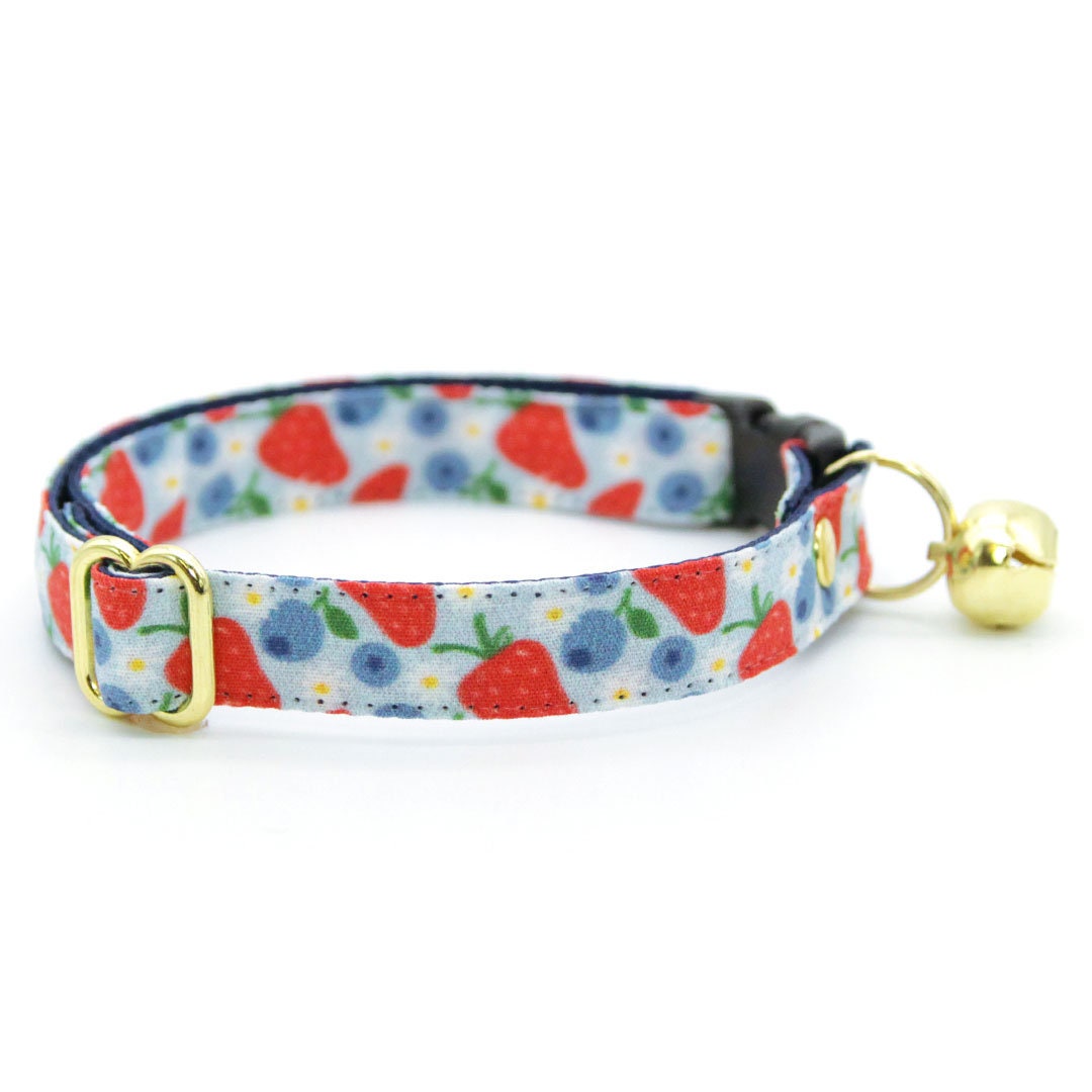 Cat Collar & Bunny Ear Bow Set - "Berry Bramble" - Strawberry & Blueberry Cat Collar w/ Matching Bunny Bow Tie / Summer Fruit, Patriotic, 4th of July, Red & Blue / Cat, Kitten + Small Dog Sizes