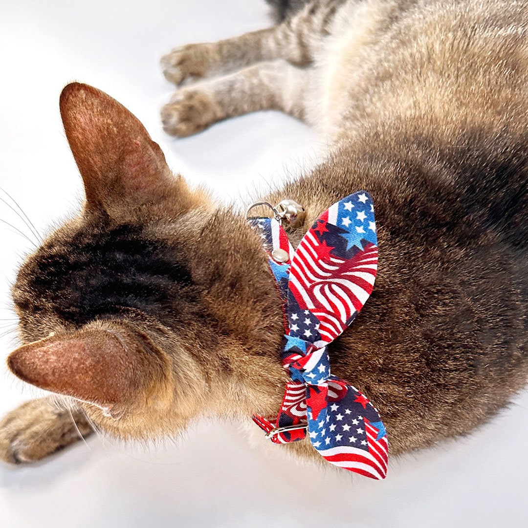 Cat Collar & Bunny Ear Bow Set - "Stars & Stripes" - 4th of July Cat Collar w/ Matching Bunny Bow Tie / Independence Day USA Flag / Patriotic / Cat, Kitten + Small Dog Sizes