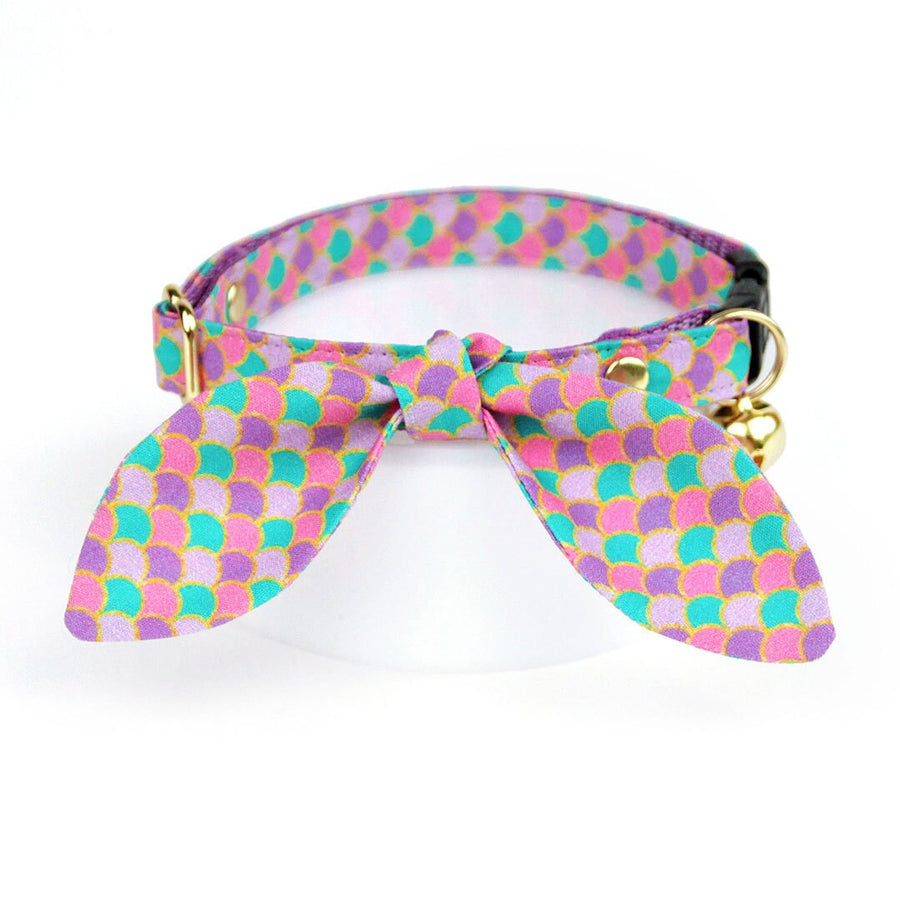 Cat Collar & Bunny Ear Bow Set - "Mermaid Song" - Fish Scales Pink, Teal & Purple Cat Collar w/ Matching Bunny Bow Tie / Summer, Ocean / Cat, Kitten + Small Dog Sizes